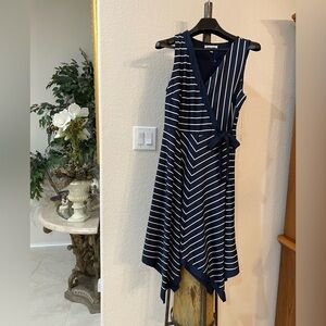 🦋 Shelby & Palmer Navy Striped Sleeveless Dress – SZ12 (NWT) faux wrap bodice